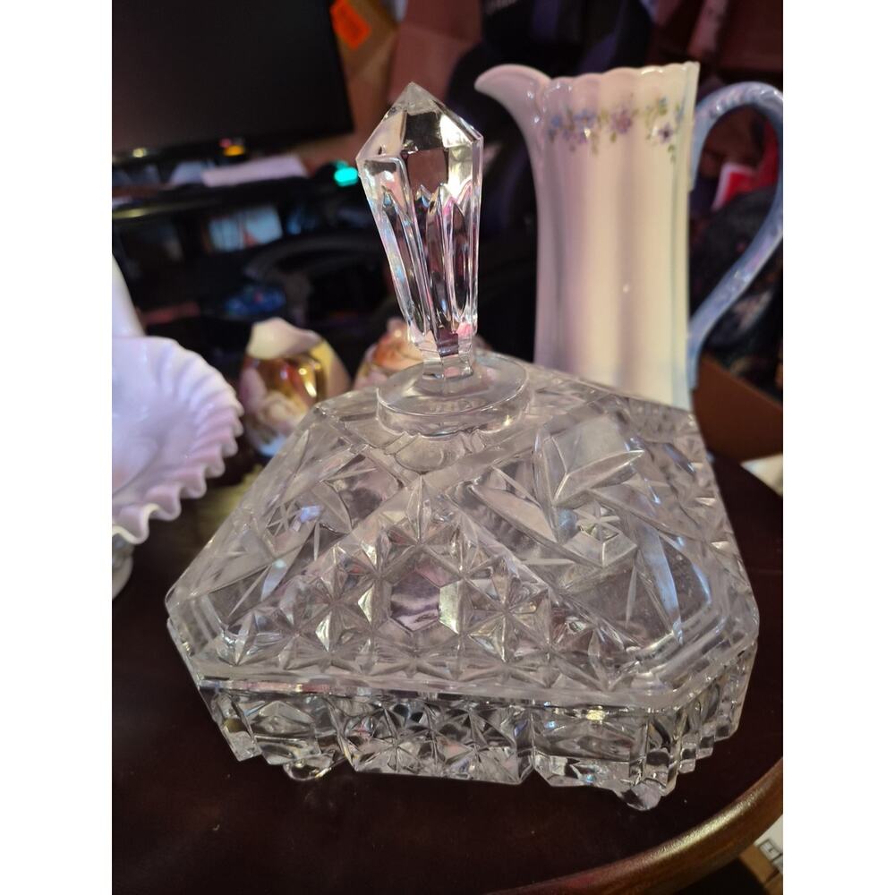 Vintage 24%lead Crystal square Footed Dish with Lid and Finial And...